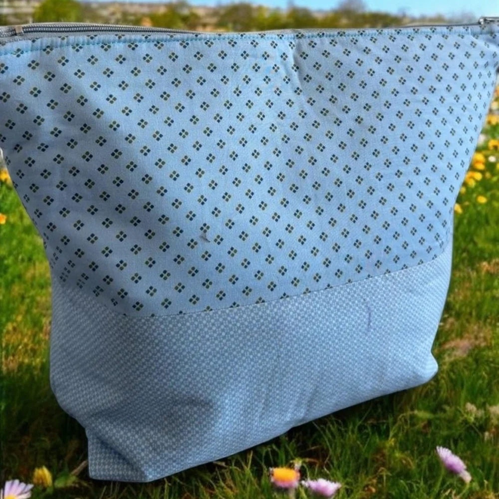 Blue Quilted Cosmetic Bag with Polka Dot Design